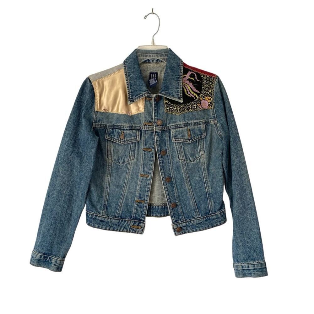 Vintage 90s Y2K Gap Asian Patchwork Denim Jean Jacket size small - Picture 2 of 8